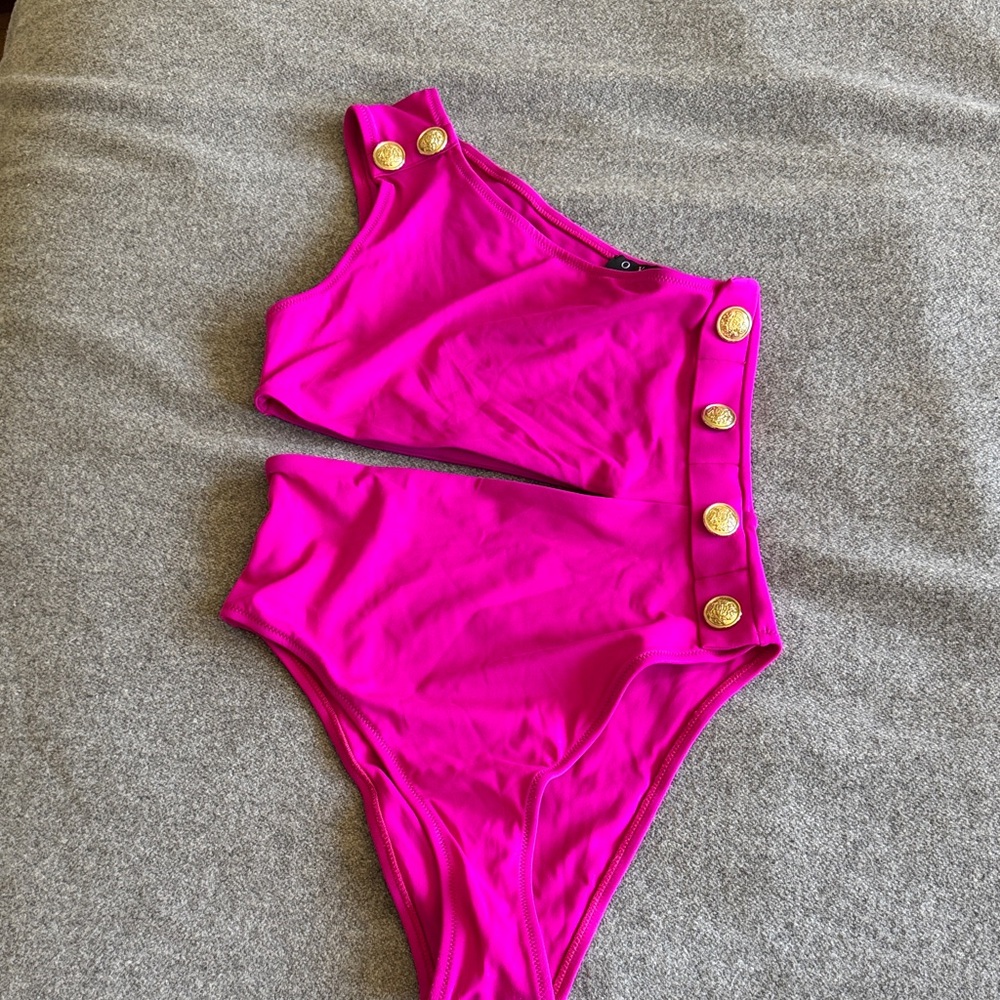 OYE swimwear Rhea one shoulder asymmetric cutout with gold buttons, size M